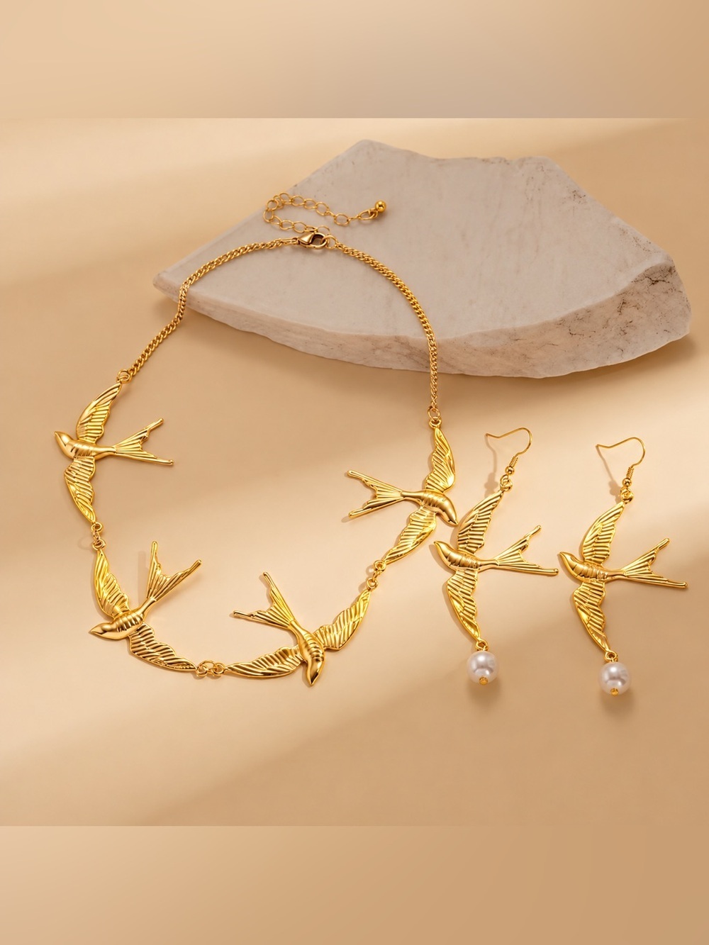 Gold Swallow Bird Necklace & Earrings Set | Pearl Drop Statement Jewelry